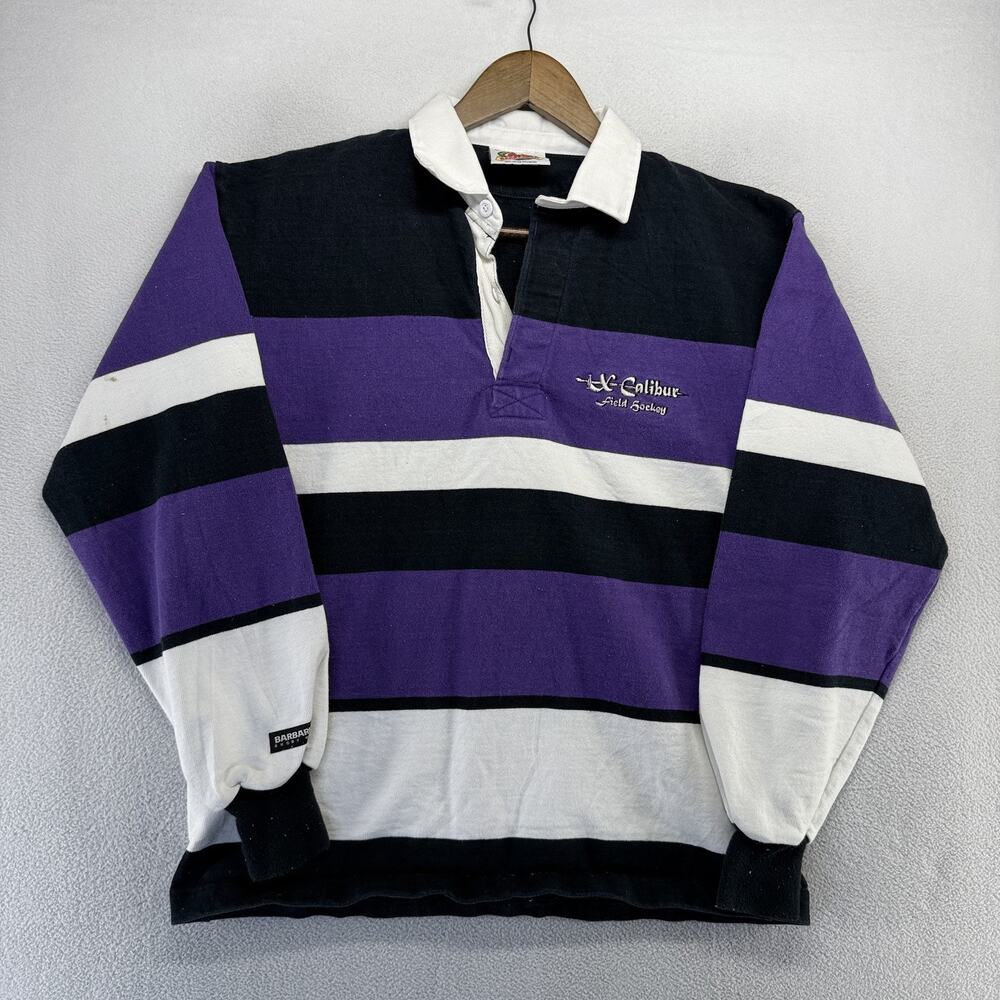Vintage Barbarian Rugby Shirt Men's Medium Black Purple Xcalibur Sword thick 90s